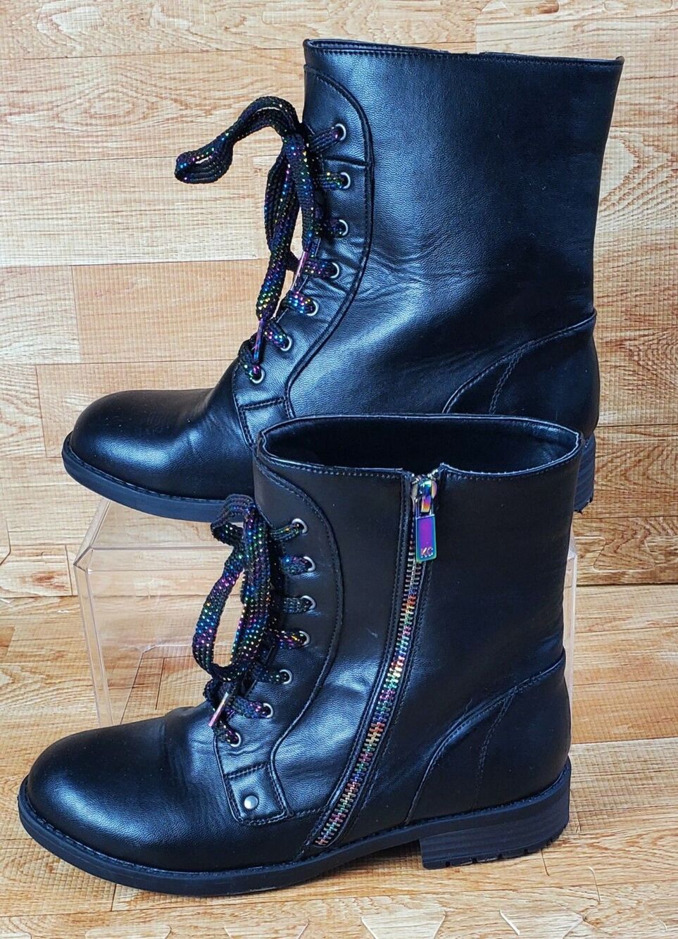 Reaction Kenneth Cole Autumn Black Rainbow Zipper Laces Boots Size 4